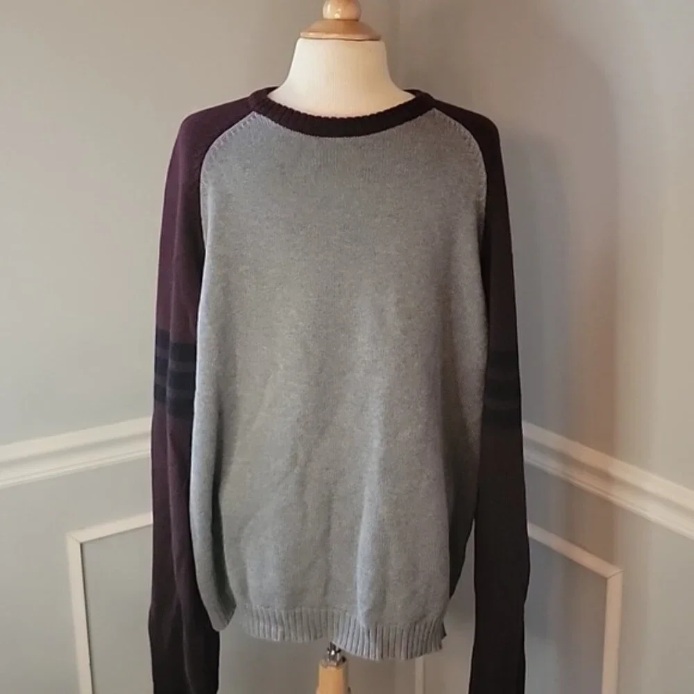 J.CREW Men's Gray Maroon 100% Cotton Color Block Crewneck Casual Preppy Sweater